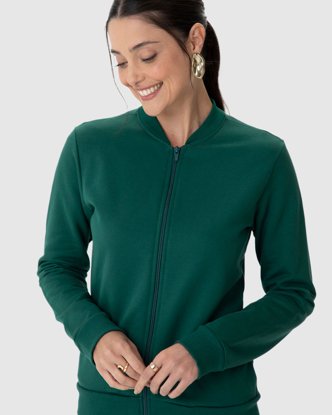Jaqueta Básica Feminina Bolso Lateral Em Moletom Flanelado VERDE