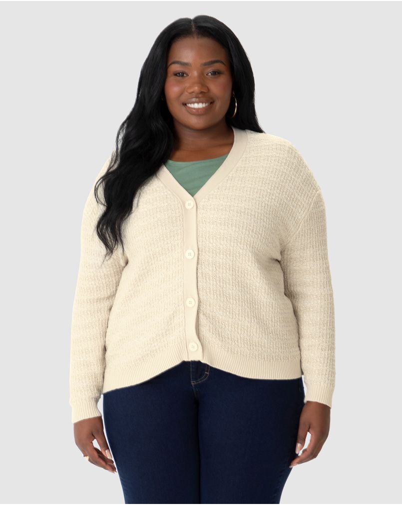 Cardigan Amplo Feminino Plus Size Em Tricô Lurex OFF WHITE - Malwee