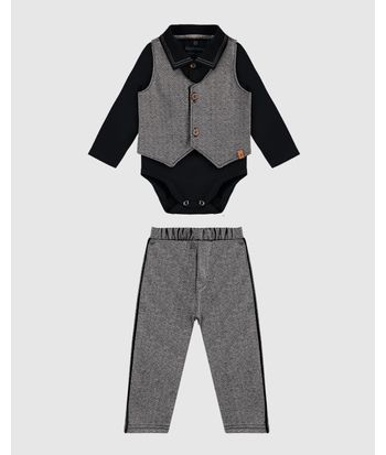 Conjunto Menino Body Manga Longa + Colete Botões + Calça - Carinhoso