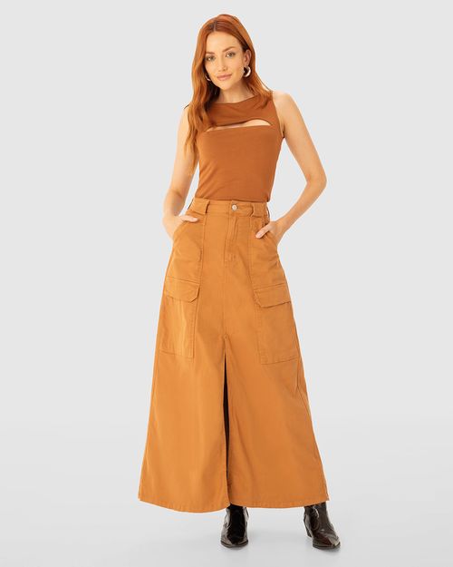 Saia Midi Feminina Cargo Fenda Frontal Em Sarja Com Elastano - ENFIM