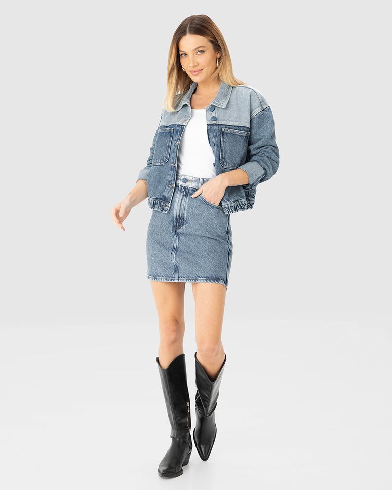 Jaqueta Bomber Feminina Bicolor Em Jeans 100% Algodão - ENFIM