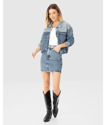 Jaqueta Bomber Feminina Bicolor Em Jeans 100% Algodão - ENFIM