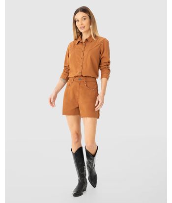 Camisa Feminina Manga Longa Recorte Frontal Em Sarja Leve - ENFIM
