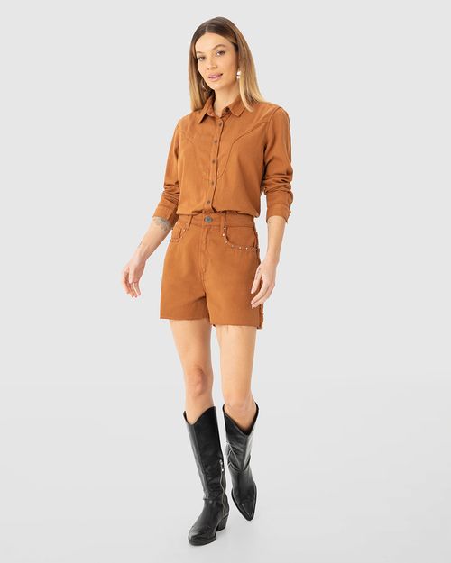 Camisa Feminina Manga Longa Recorte Frontal Em Sarja Leve - ENFIM