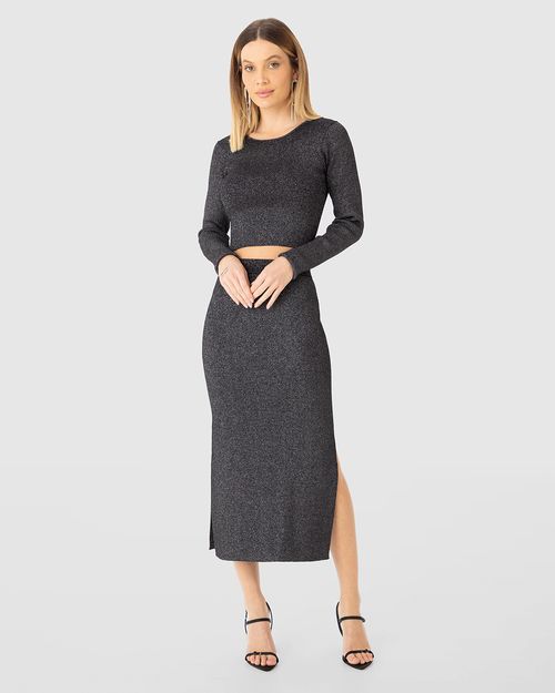 Blusa Cropped Feminina Manga Longa Em Tricô Metalizado - ENFIM