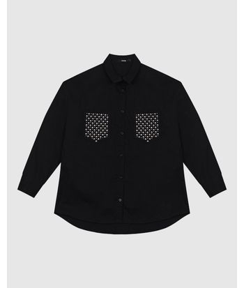 Camisa Ampla Feminina Bolso Aplique Termocolante Em Tricoline - ENFIM