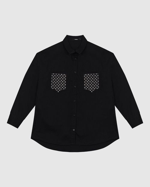 Camisa Ampla Feminina Bolso Aplique Termocolante Em Tricoline - ENFIM