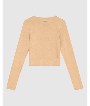Blusa Cropped Feminina Manga Longa Em Tricô Metalizado - ENFIM