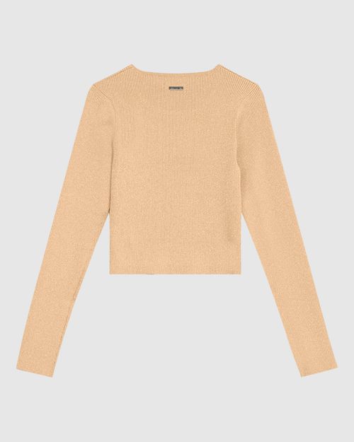 Blusa Cropped Feminina Manga Longa Em Tricô Metalizado - ENFIM