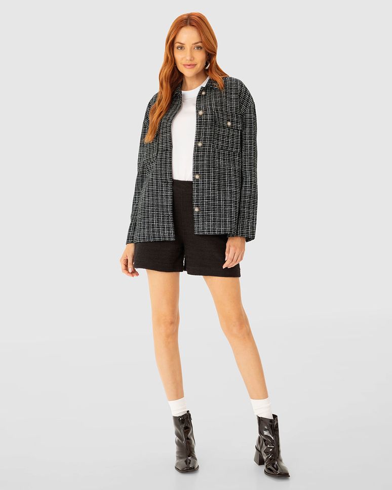 Jaqueta Ampla Feminina Bolso Lapela E Botão Em Tweed - ENFIM