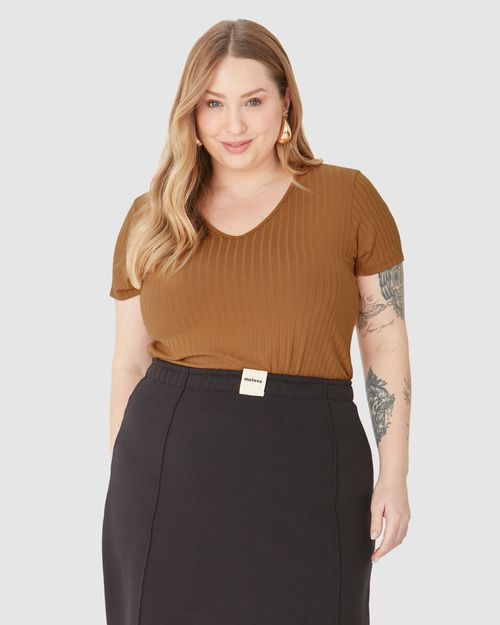 Blusa Básica Feminina Plus Size Decote V Em Canelado De Viscose