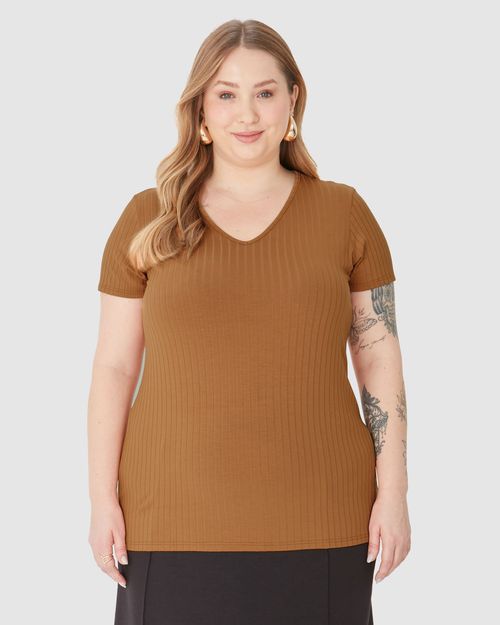 Blusa Básica Feminina Plus Size Decote V Em Canelado De Viscose