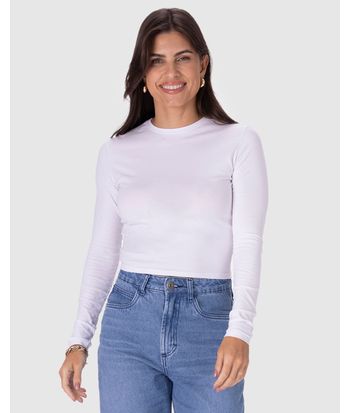 Blusa Cropped Feminina Decote Redondo Manga Longa Em Algodão