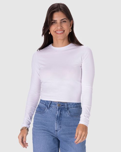 Blusa Cropped Feminina Decote Redondo Manga Longa Em Algodão