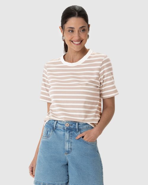 Blusa Feminina Listrada Manga Curta Em Algodão