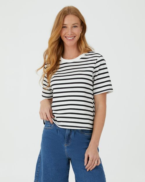 Blusa Feminina Listrada Manga Curta Em Algodão