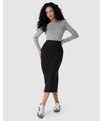 Saia Midi Feminina Fenda Costas Em Moletom Stretch Flanelado