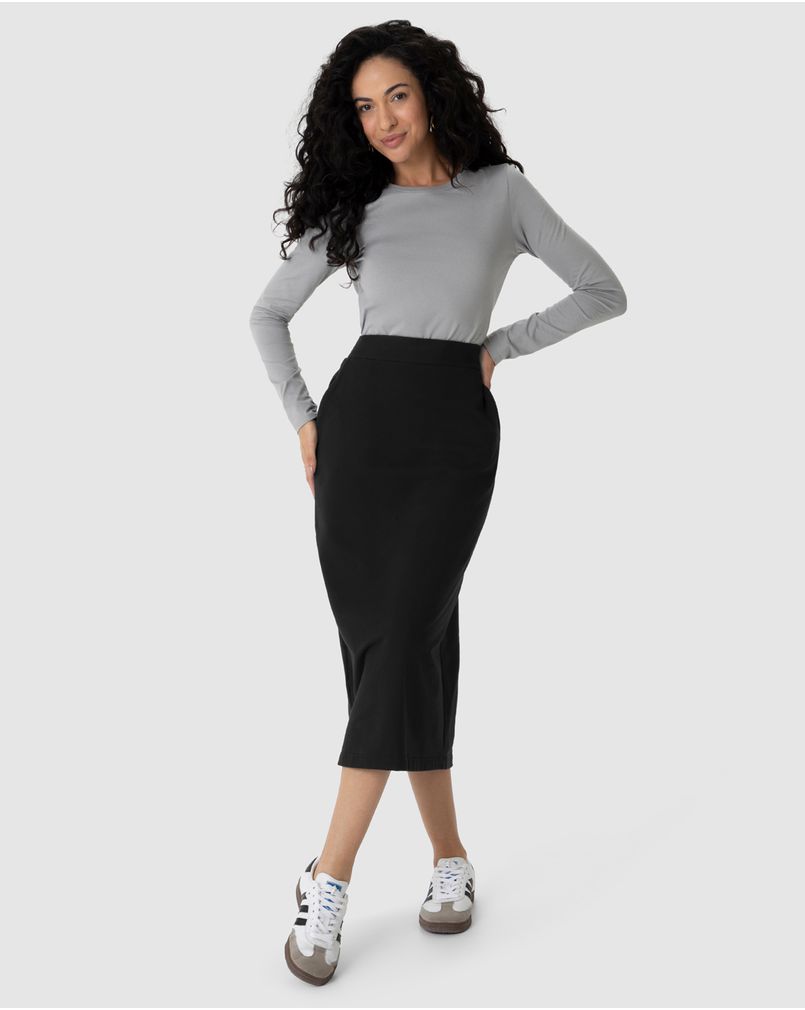 Saia Midi Feminina Fenda Costas Em Moletom Stretch Flanelado PRETO