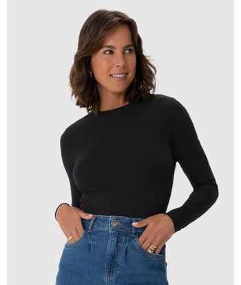 Blusa Cropped Feminina Decote Redondo Manga Longa Em Algodão