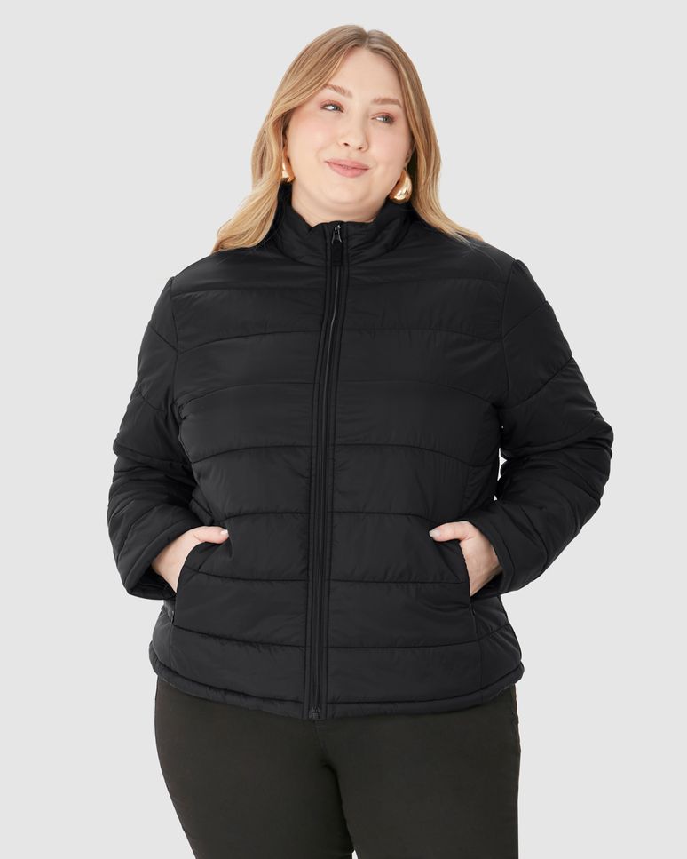 Jaqueta Básica Feminina Plus Size Puffer Gola Alta Em Nylon
