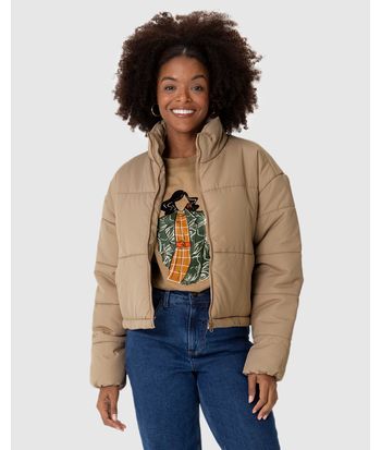 Jaqueta Puffer Feminina Cropped Gola Alta Em Nylon