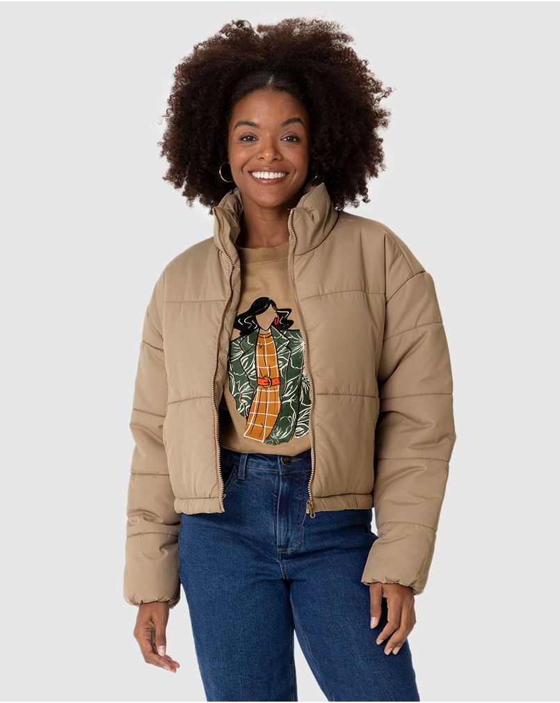 Jaqueta Puffer Feminina Cropped Gola Alta Em Nylon MARROM Malwee - Main Image