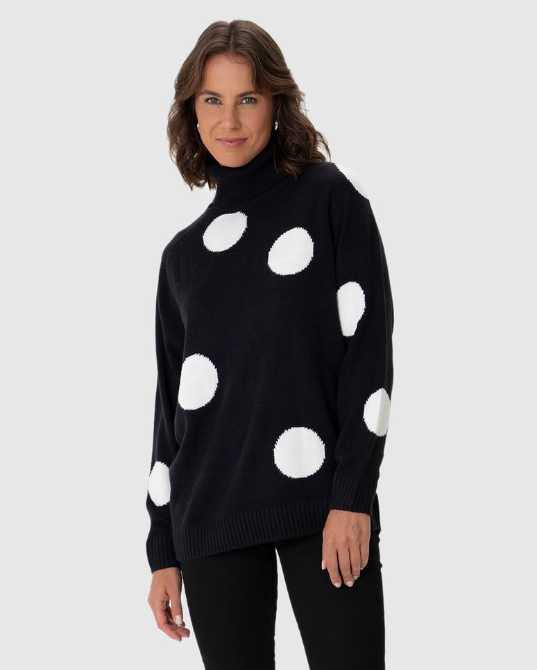 Suéter Feminino Longo Gola Alta Poá Gola Alta Em Tricô