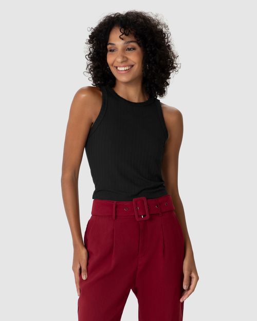Regata Básica Feminina Long Cropped Em Malha Canelada De Viscose