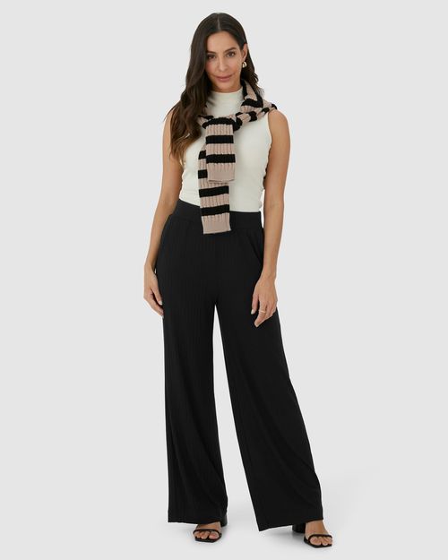 Calça Wide Leg Feminina Cintura Alta Em Malha Canelada De Viscose
