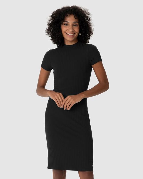 Vestido Básico Feminino Gola Alta Em Malha Canelada De Viscose