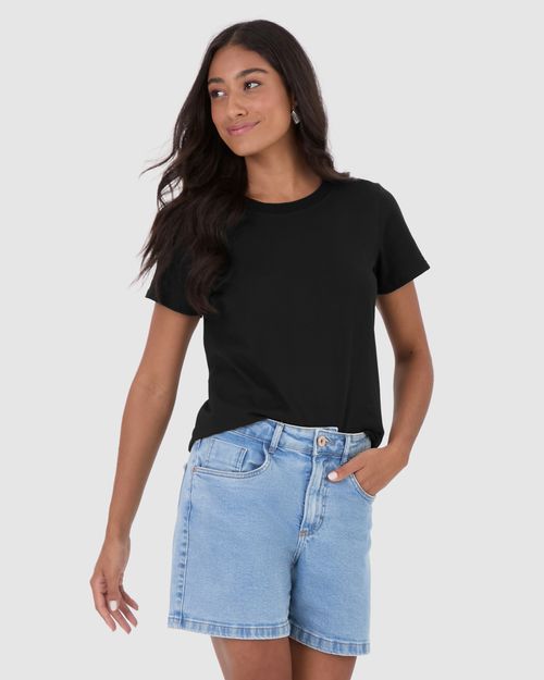 Blusa Básica Feminina Decote Redondo Com Pesponto Em Algodão