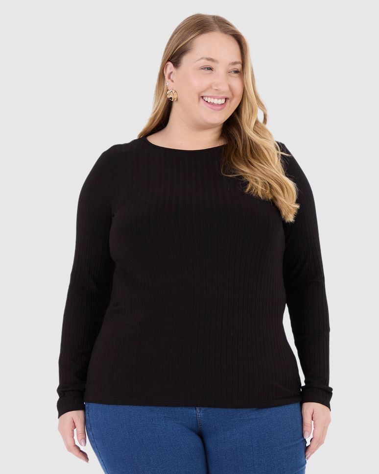 Blusa Básica Feminina Plus Size Manga Longa Em Canelado De Viscose