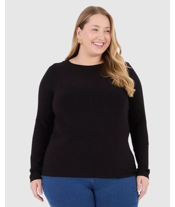 Blusa Básica Feminina Plus Size Manga Longa Em Canelado De Viscose
