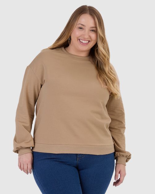 Blusão Básico Feminino Plus Size Decote Redondo Em Moletom Stretch Flanelado