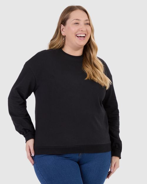 Blusão Básico Feminino Plus Size Decote Redondo Em Moletom Stretch Flanelado