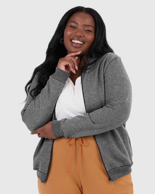Jaqueta Básica Feminina Plus Size Gola Canelada Em Moletom Flanelado