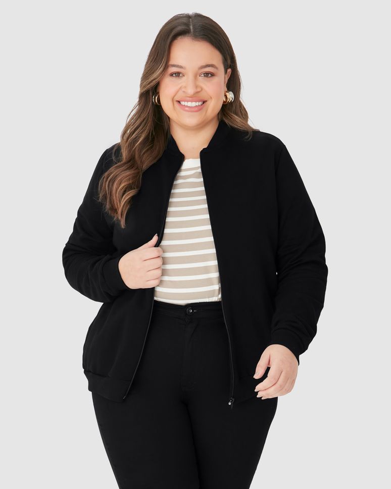 Jaqueta Básica Feminina Plus Size Gola Canelada Em Moletom Flanelado