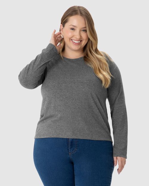 Blusa Básica Feminina Plus Size Manga Longa Em Algodão