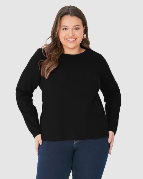 Blusa Básica Feminina Plus Size Manga Longa Em Algodão