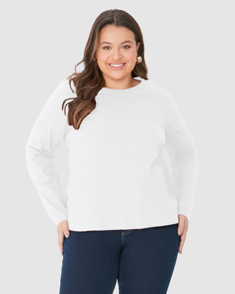 Blusa Básica Feminina Plus Size Manga Longa Em Algodão
