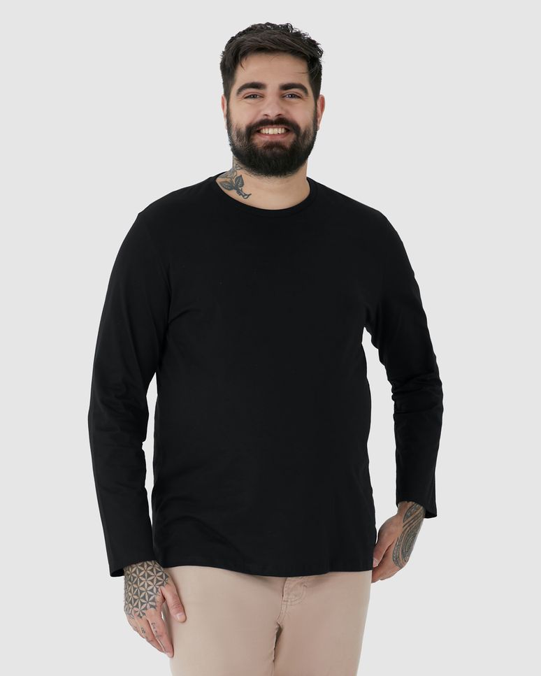 Camiseta Básica Masculina Plus Size Manga Longa Em Algodão