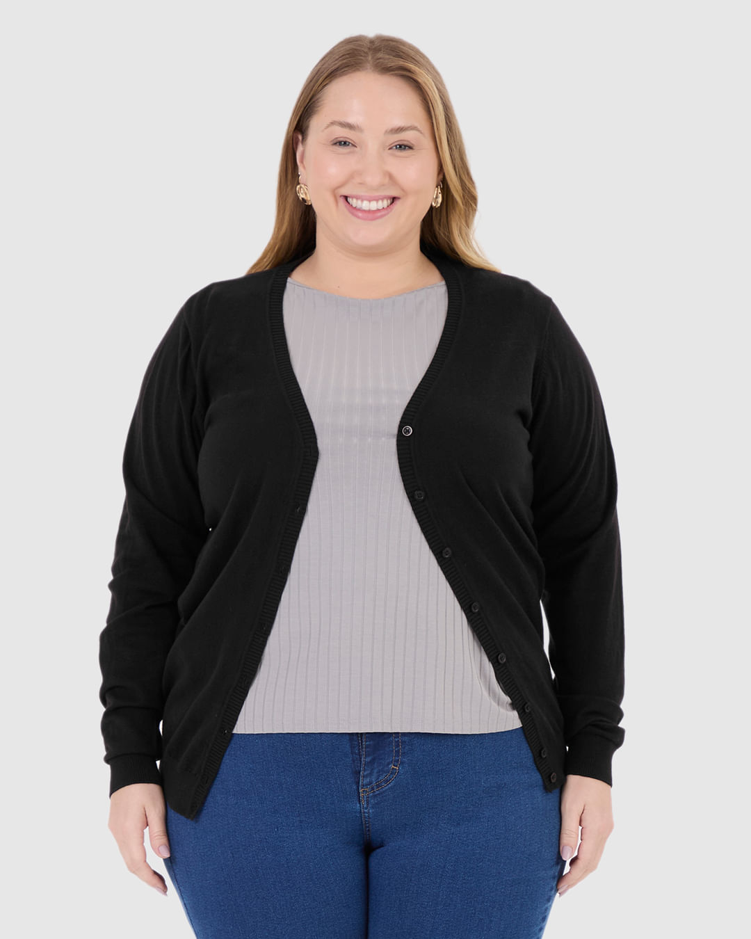 Cardigan Básico Feminino Plus Size Decote V Em Tricô Preto G1 - Malwee