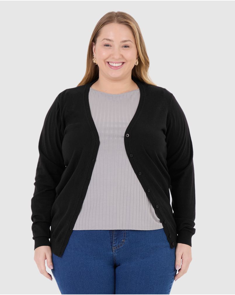 Cardigan Básico Feminino Plus Size Decote V Em Tricô Preto G1 - Malwee