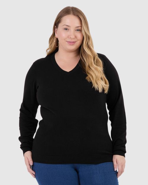 Suéter Básico Feminino Plus Size Gola V Em Tricô