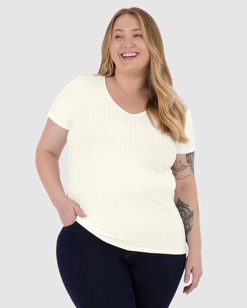 Blusa Básica Feminina Plus Size Decote V Em Canelado De Viscose