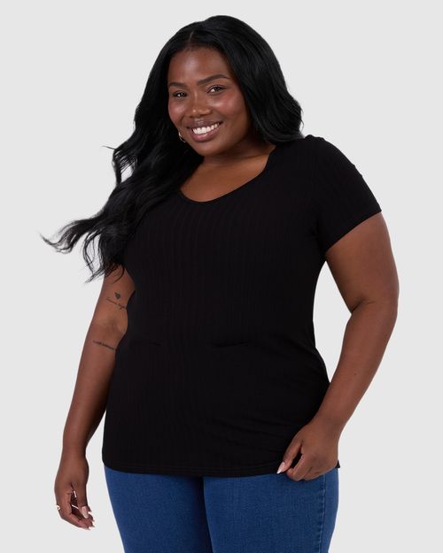Blusa Básica Feminina Plus Size Decote V Em Canelado De Viscose
