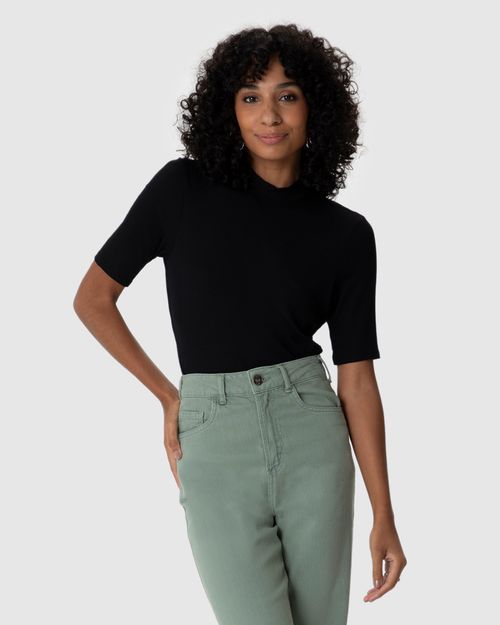 Blusa Básica Feminina Gola Alta Em Canelado De Viscose