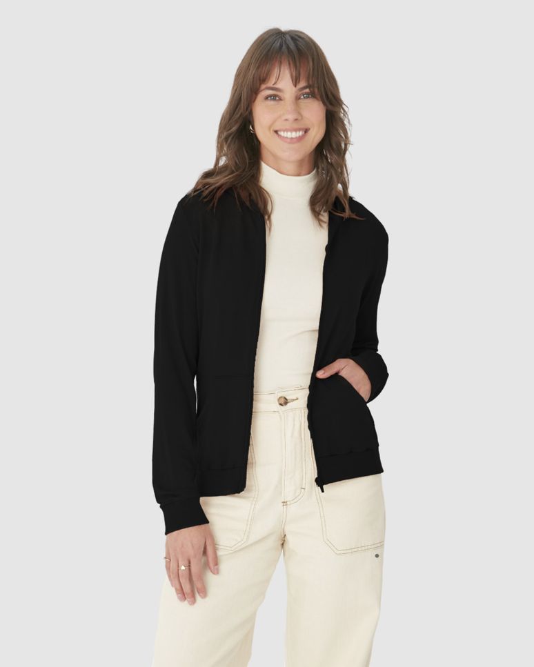 Jaqueta Básica Feminina Com Bolsos Moletinho De Viscose