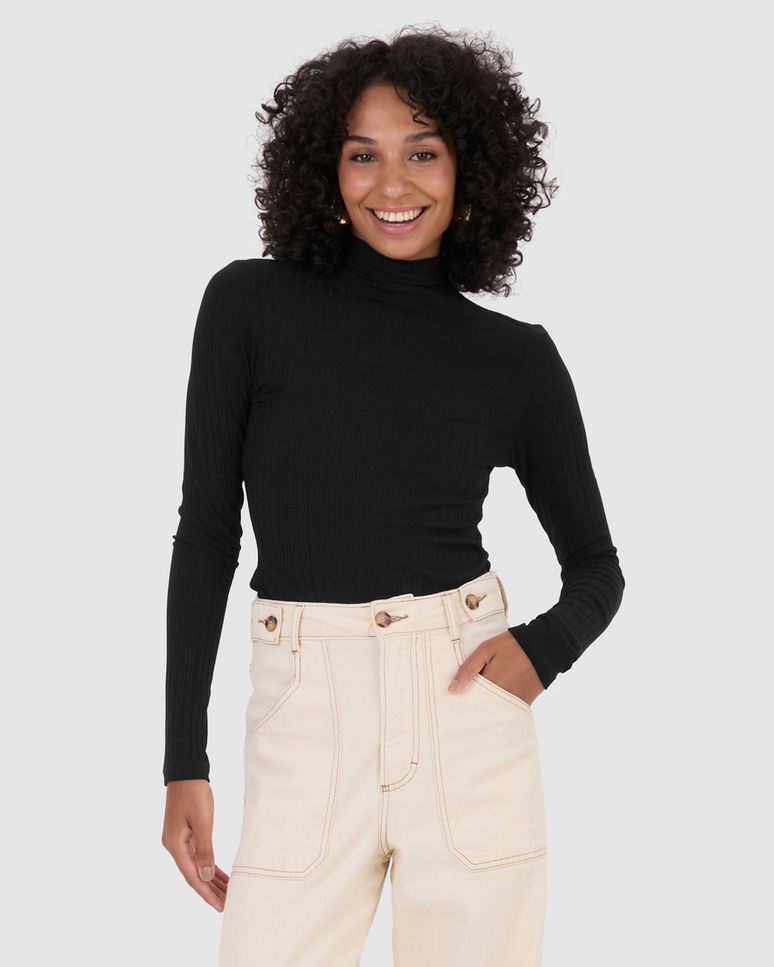 Blusa Básica Feminina Gola Alta Em Malha Canelada De Viscose