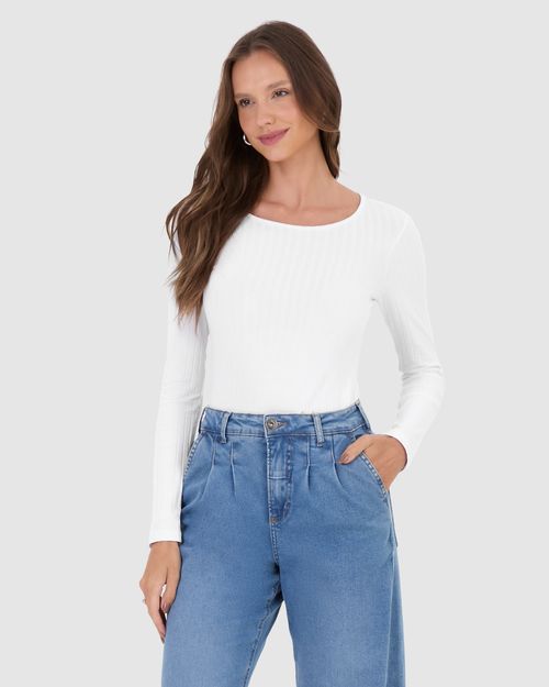 Blusa Básica Feminina Manga Longa Em Malha Canelada De Viscose